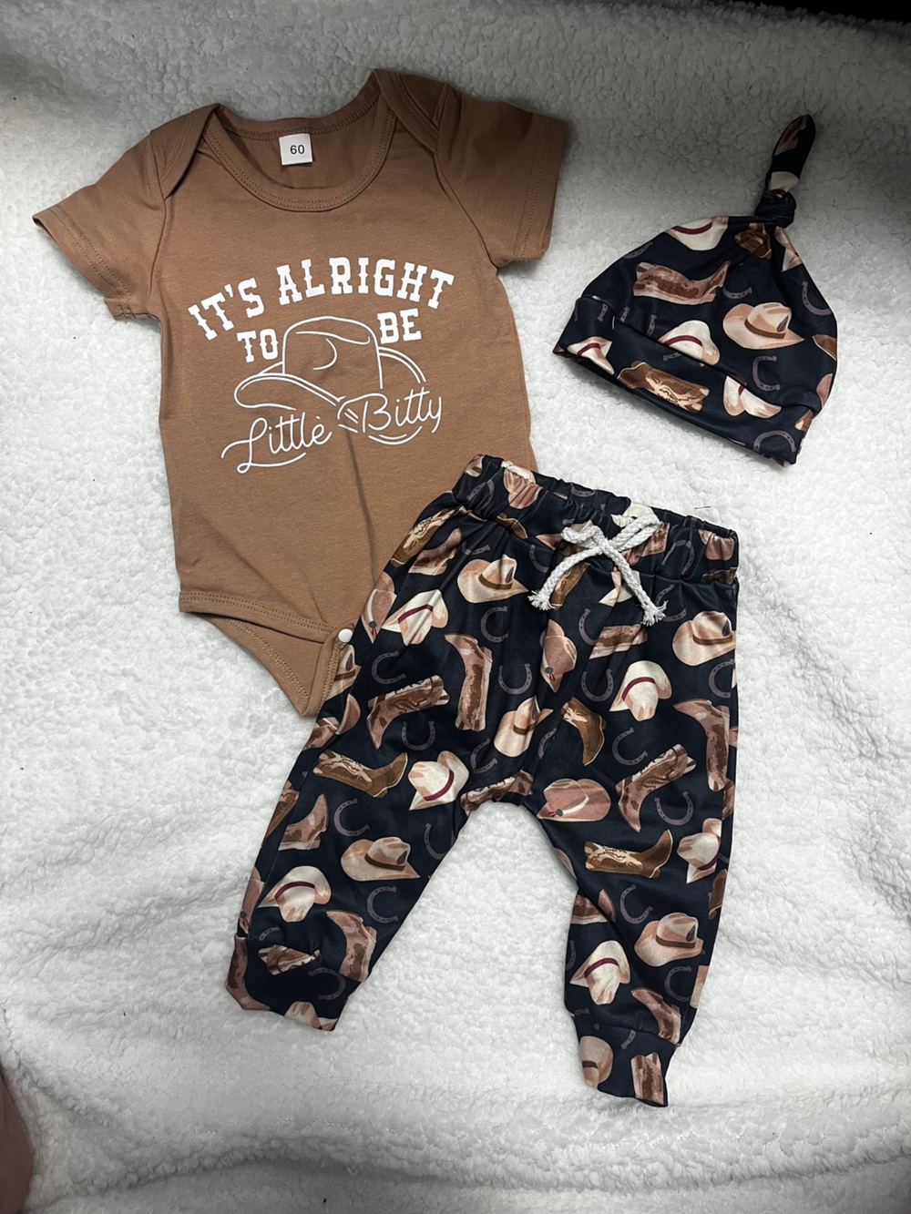 Baby Brown Country Cowboy Matching Set - Bodysuit, Pants & Hat
